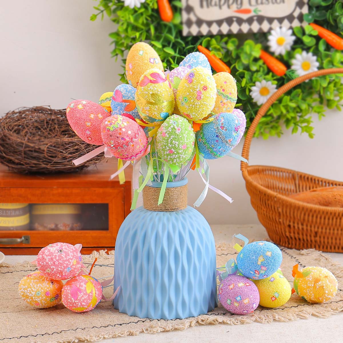 Cross-border new Easter decoration supplies cartoon cake inserts colorful foam eggs holiday home decoration props