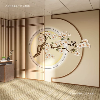 3d中式花鸟壁纸中国风饭店装修背景墙壁纸复古火锅店餐厅包厢壁布