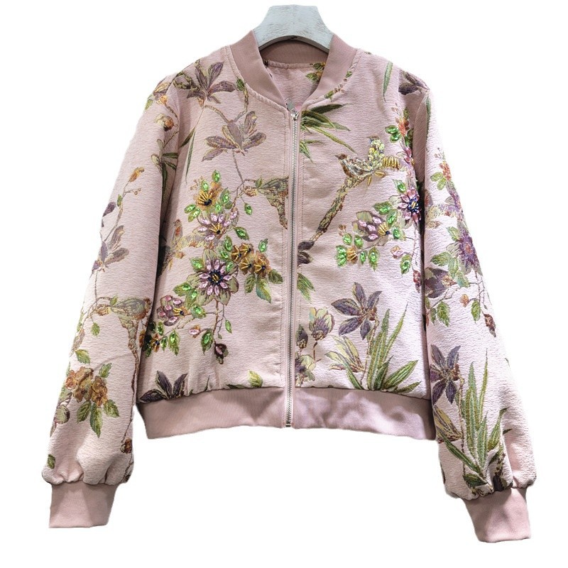 2025 primavera nuevo estilo flocado de alta gama industria pesada bordado con cuentas chaqueta corta ropa de béisbol casual de lujo ligero mujeres