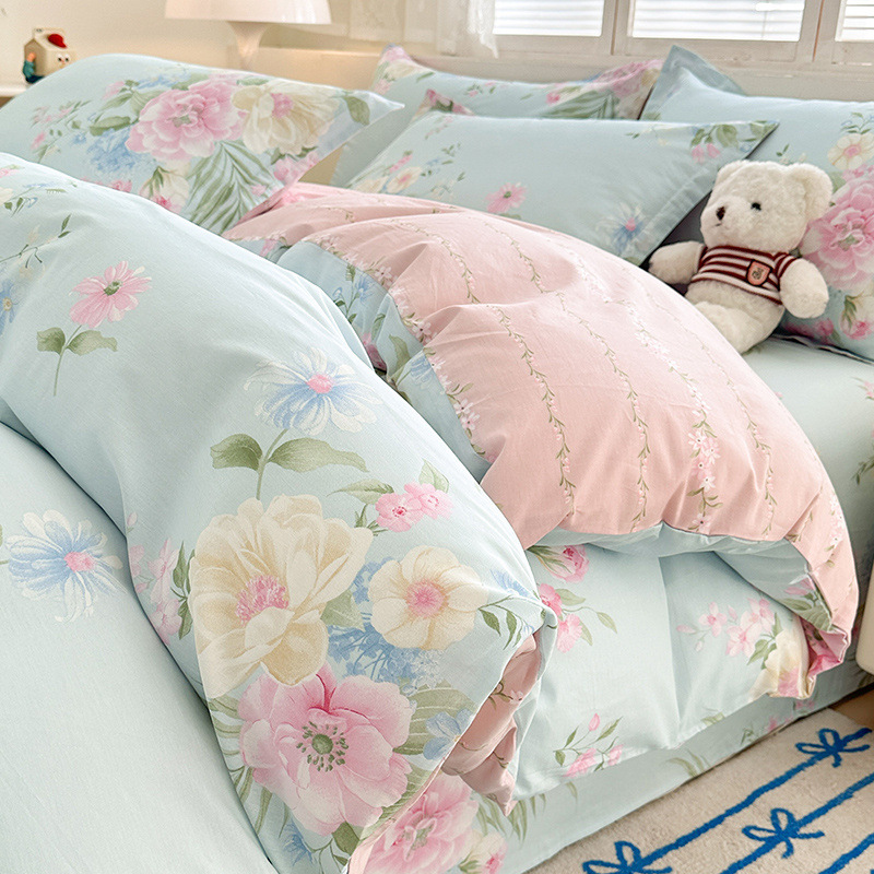 2024 nuevo invierno pequeño y fresco cama de algodón de cuatro piezas funda de edredón de algodón puro sábana ropa de cama de tres piezas