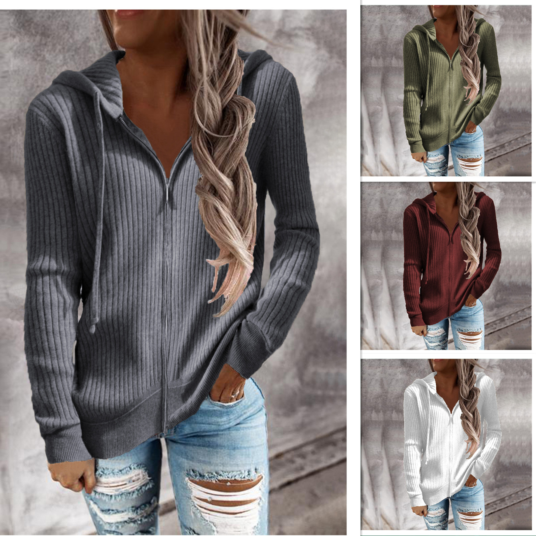 Autumn And Winter European And American Casual Sweatshirt Striped Hooded Sweater Loose Solid Color Zipper Sweater For Women