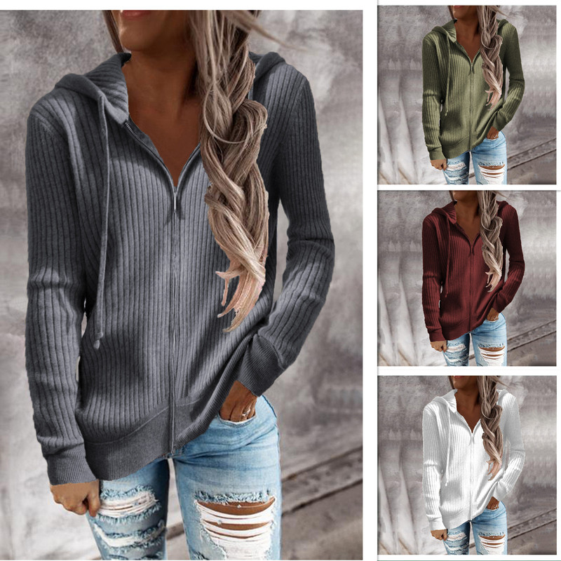 European and American Cross-Border Autumn and Winter Solid Color Sweatshirt Loose Zipper Cardigan Long-Sleeved Hooded Sweater Women's Supply Mid-Length Style