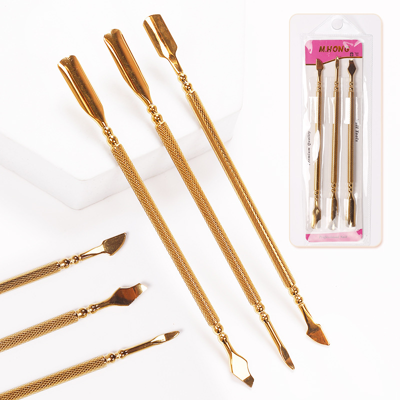 Herramientas de uñas transfronterizas empuje de acero inoxidable traje de 3 piezas de doble cabeza tamaño pequeño empuje de acero grande removedor de esmalte de uñas pegamento empuje de piel muerta