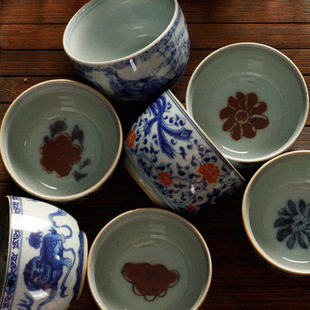 Ancient fat underglaze red ceramic antique tea cup Master Cup home blue and white small cup tea tasting cup single Cup