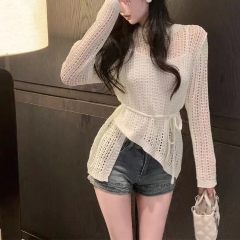 早春秋独特别致甜辣妹镂空长袖针织衫设计感小众不规则收腰上衣女