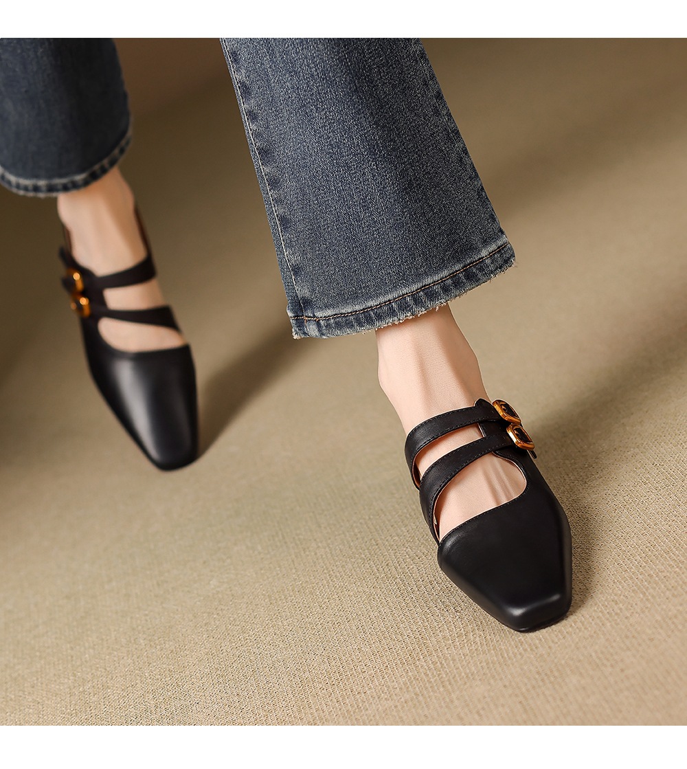 Sandal nữ quai ngang gót vuông ổn định, da bò thật, khóa sau, phong cách Muller — đen chi tiết 7