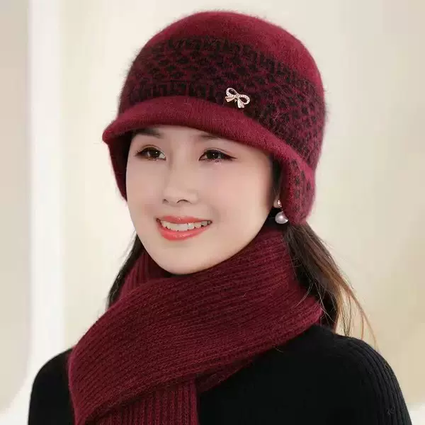 Middle-Aged and Elderly Women's Autumn and Winter New Warm Hats for Mothers, Grandma Ear Protection Fleece-Lined Duck Tongue Knitted Woolen Hats