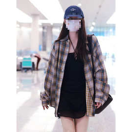 徐梦洁同款格子衬衫女宽松慵懒风oversize中长款复古衬衣2024秋新