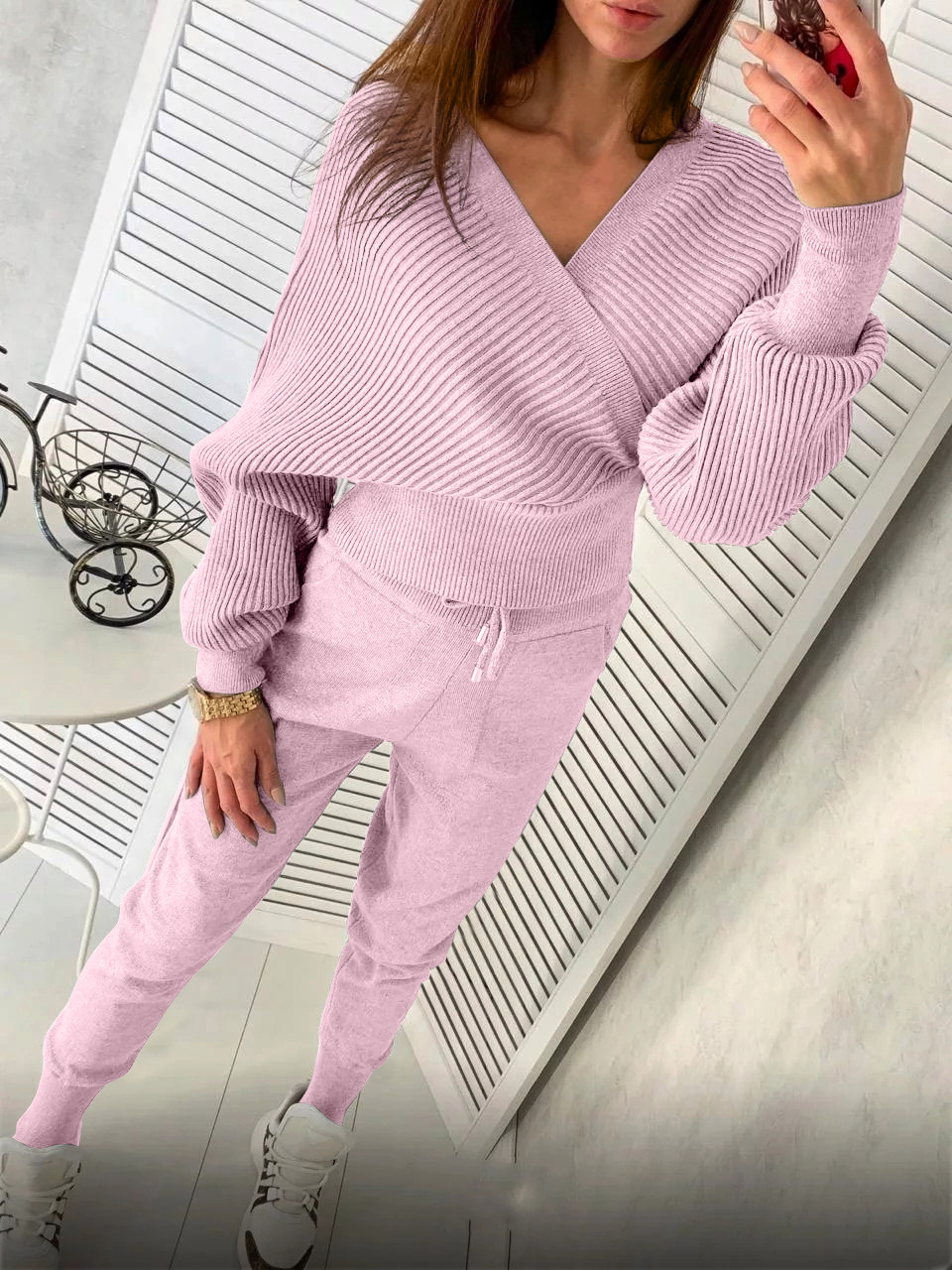 backless knitted V-neck top and trousers two-piece lounge set nihaostyles clothing wholesale NSJXW105077