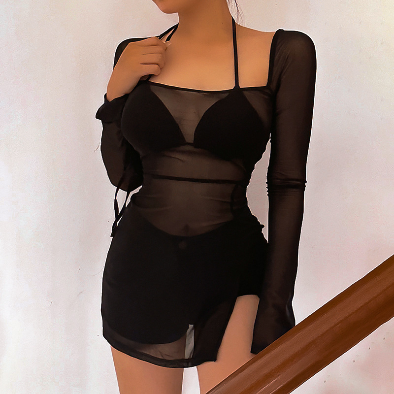 European and American women's spring and summer new perspective mesh long sleeve split slim sexy beach dress wholesale cross-border European and American women's spring and summer new perspective mesh long sleeve split slim sexy beach dress wholesale cross-border