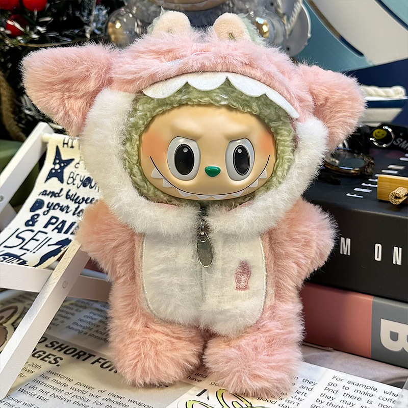 Labubu se sienta en la fiesta, ropa de bebé, caja ciega de primera generación, ropa de bebé Labubu, ropa de tela rabble, cara de vinilo de felpa