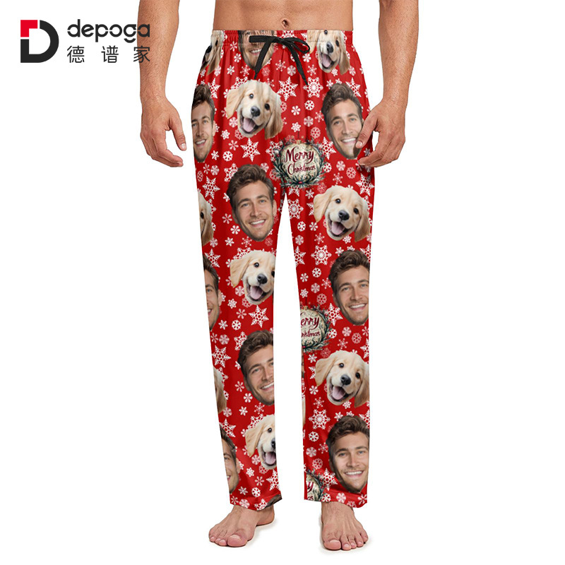 美国圣诞节居家裤男仿棉长款3D印花亚马逊个性睡裤热升华厂家批发