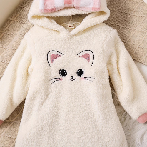 Girls 'autumn and winter cute pink plaid bow hat cat embroidered double-sided velvet thick warm long-sleeved dress