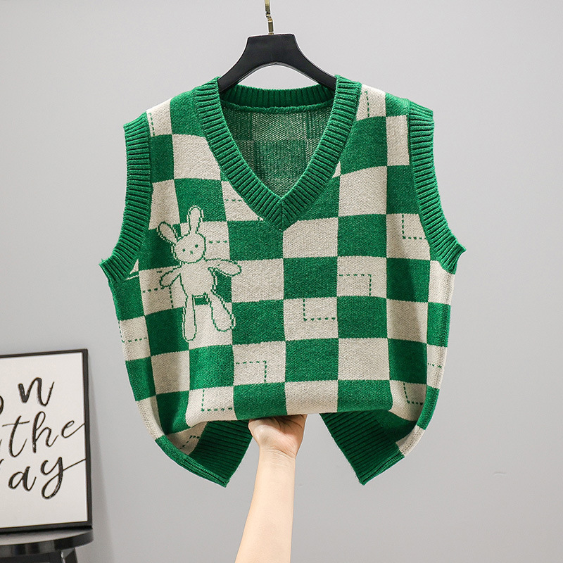 Otoño e invierno Chaleco de punto a cuadros para mujeres 2023 estilo coreano nuevo chaleco con cuello en V image 2