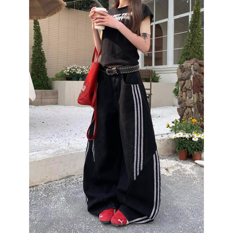 New Spring American Style Retro Washed Deconstructed Three Bars Striped Scimitar Jeans Men's and Women's Wide Leg Trendy Pants