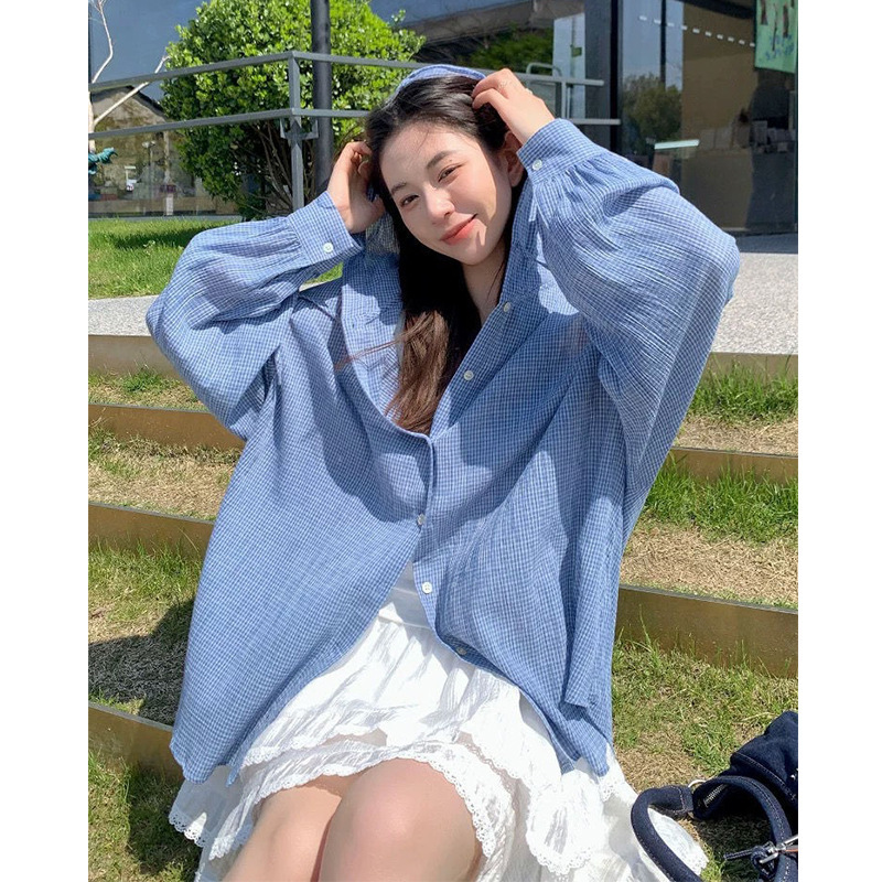 Blue Plaid Hooded Cardigan Jacket for Women Early Autumn 2025 New Korean Retro Loose Design Shirt Top