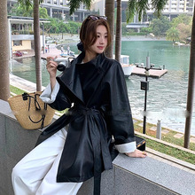 港风复古黑色PU皮气质系带收腰中长款风衣女新款高级感皮衣外套潮