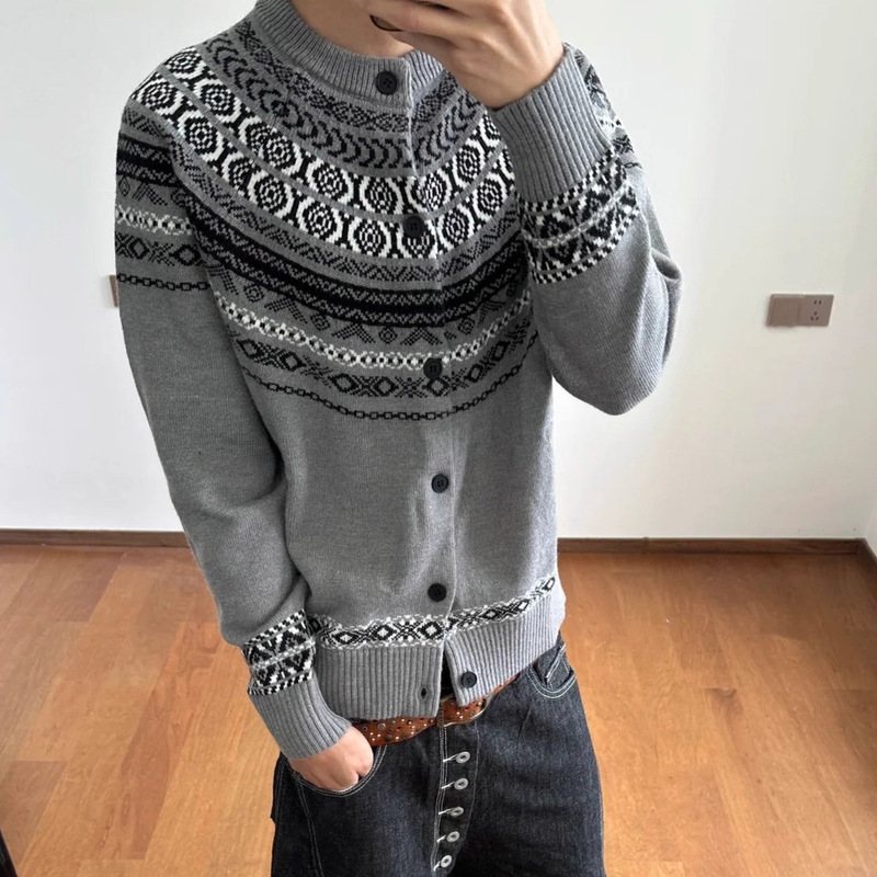 Fair Isle Retro Sweater Men's Autumn and Winter Relaxed Loose Large Size Knitted Cardigan Lazy Jacquard Gray Jacket Fair Isle Retro Sweater Men's Autumn and Winter Relaxed Loose Large Size Knitted Cardigan Lazy Jacquard Gray Jacket