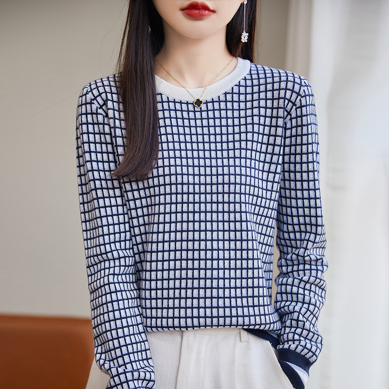 Autumn Wool Sweater Korean Houndstooth Sweater Women's Loose Versatile Pullover Round Neck Knitted Tops Women