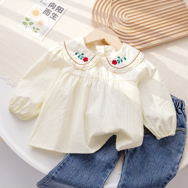 Girls' New Spring and Autumn Korean-Style Trendy Shirt 2026 Spring Collection Fresh Floral Embroidered Blouse Baby Top