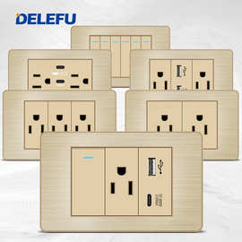 DELEFU-不锈钢金色面板系列美式标准开关插座电脑USB C型墙壁电源