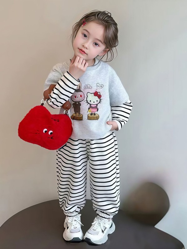 儿童春秋款卫衣套装 女童条纹假两件套装 宝宝长袖运动休闲套装|undefined