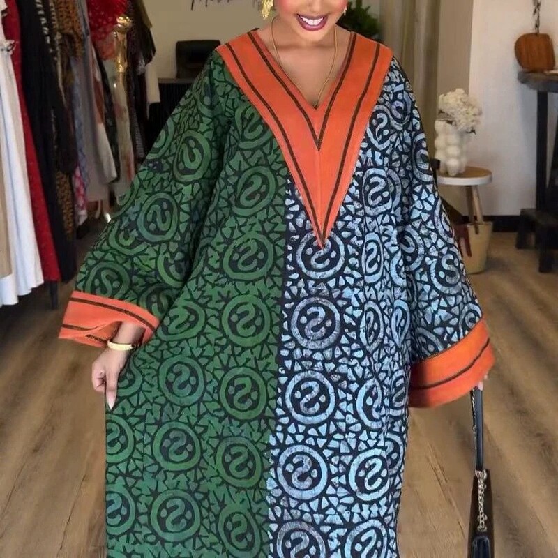 Temu2025 Cross-Border European and American Personalized Trendyy Long-Sleeved Women's V Neck Digital Printing Contrasting Color Long Dress