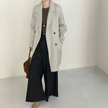 西装领双排扣插肩袖长袖中长款立体裁剪双面尼羊毛大衣毛呢外套女