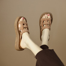 2024夏新款真皮磨砂编织松糕厚底时尚休闲百搭外穿女凉懒人拖鞋