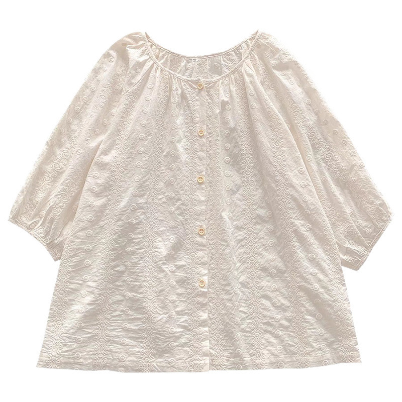 2025春の服の新型の大きいサイズの婦人服のゆったりしたフランスの刺繍の7分の袖のシャツの子供のシャツのM-4XL200斤|undefined