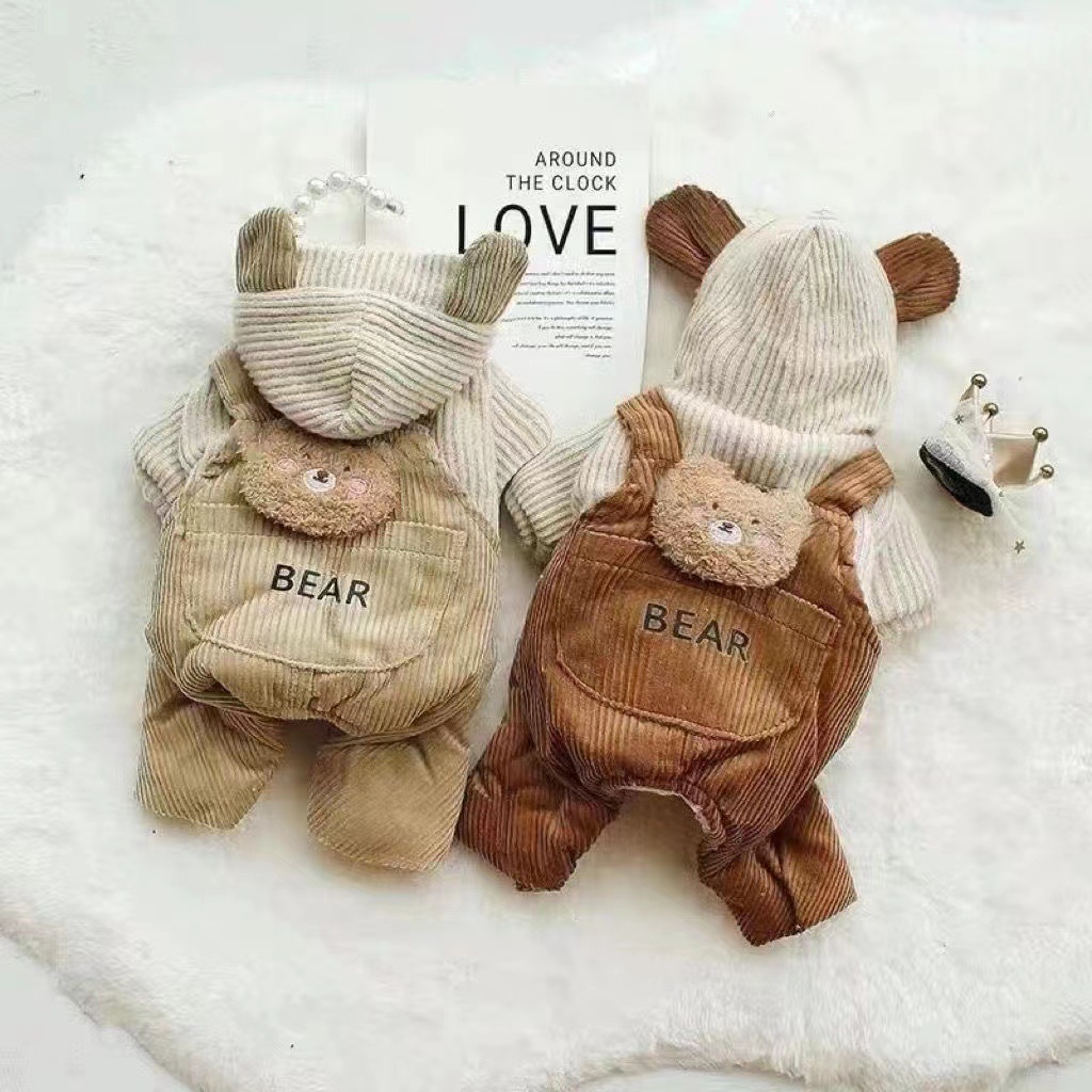 宠物狗狗猫咪衣服秋冬奶咖熊四脚背带裤帽衫加绒厚款休闲泰迪比熊
