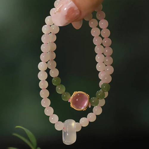 Natural Hetian Jade and Lotus Root Powder Double Ring Bracelet with Silver Plated Gold Border and Agate Running Rings - Chinese Women's Style Bracelet for Xiaohongshu
