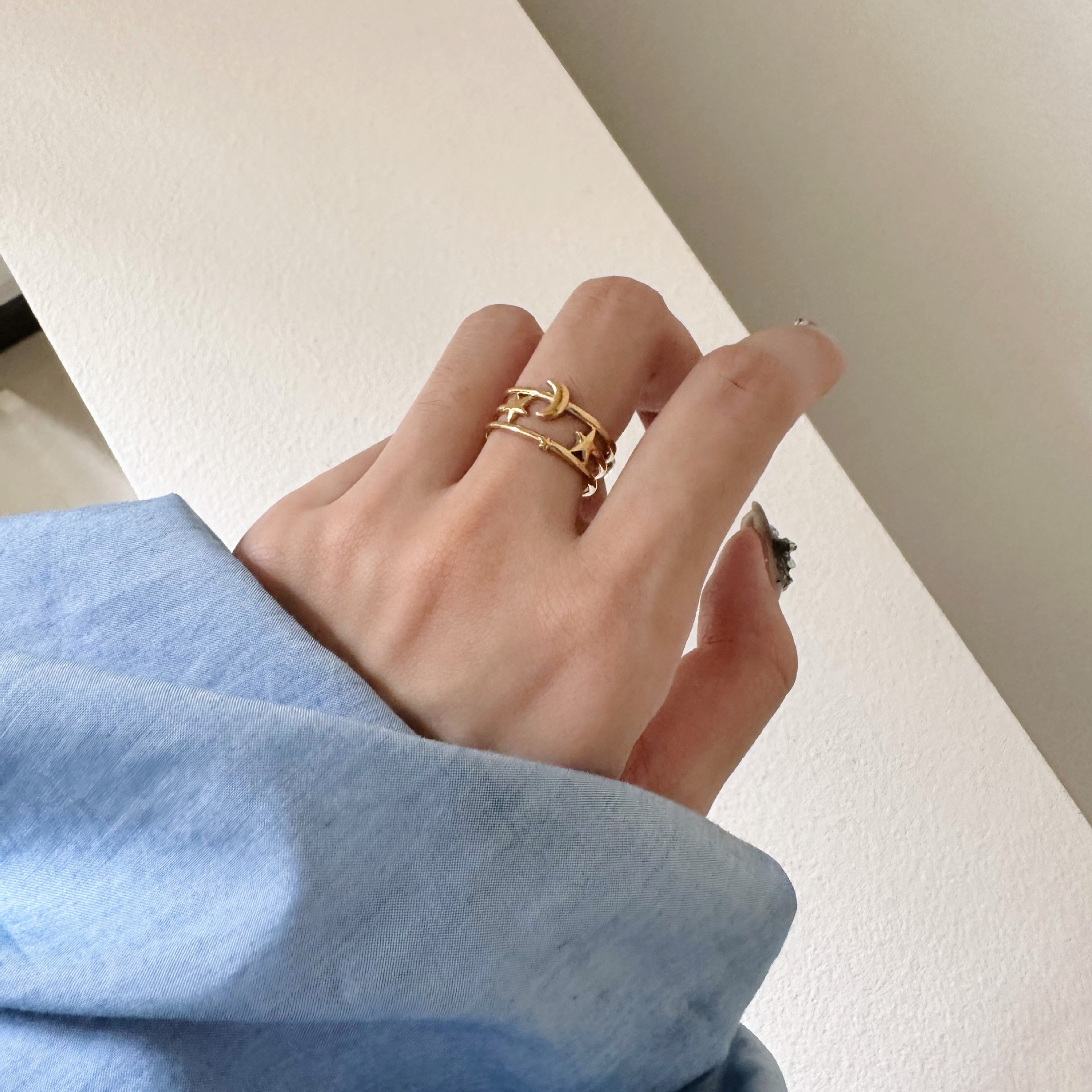 304 Stainless Steel Material Real Gold Plated Star Moon 304 Stainless Steel IG Style Waterproof Non Tarnish Open Rings