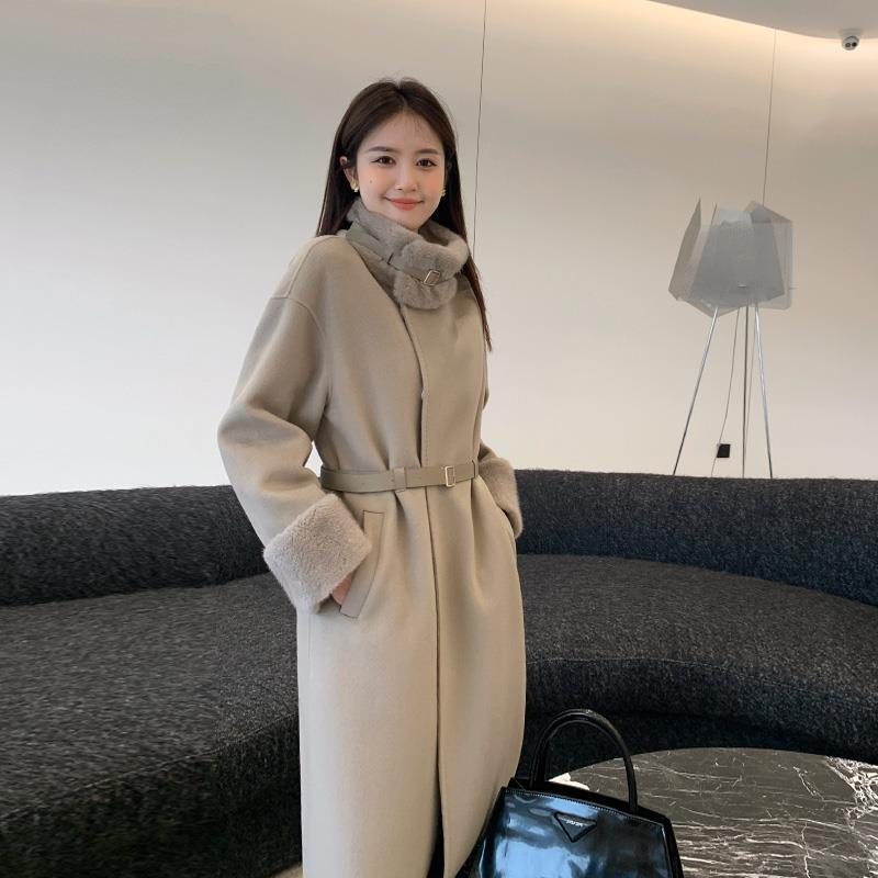 Lp Classy Mink Fur Collar Double-Sided Cashmere Outwear Women's Classy Long Woolen Outwear with Removable Goose down Liner