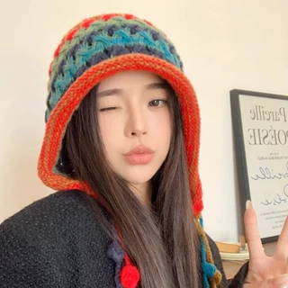 手工女针织包头帽秋冬日系彩色流苏球球系带护耳帽镂空针织毛线帽