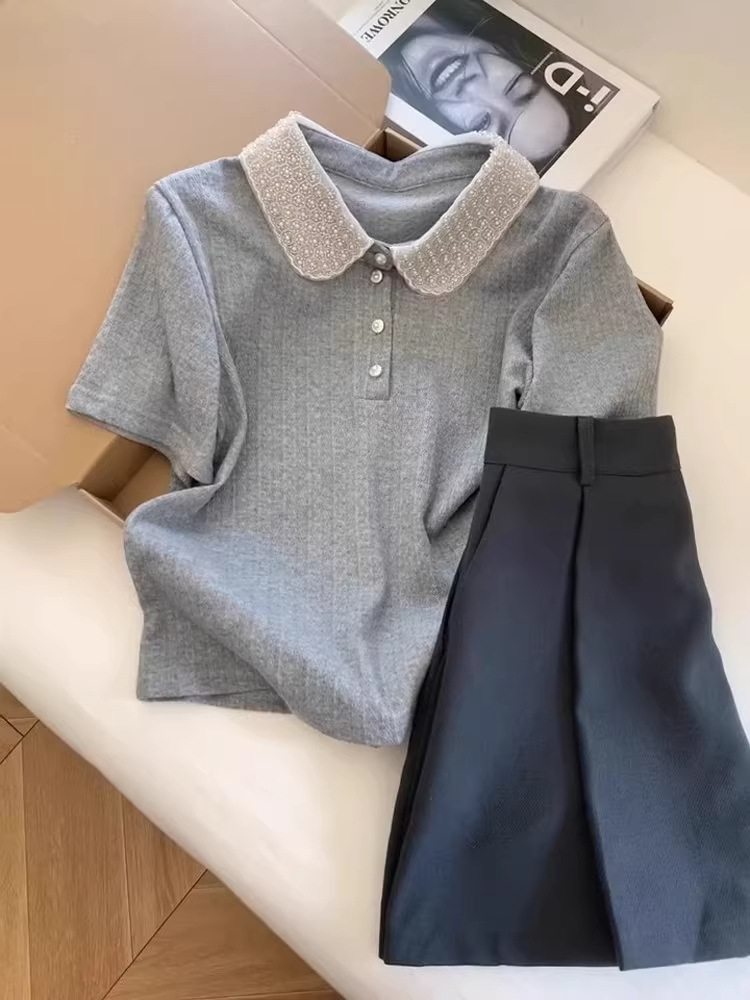 Áo thun nữ cổ polo tay ngắn dáng rộng mùa hè — Màu xám chi tiết 1