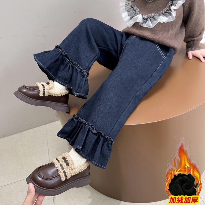 소녀 기모 청바지 가을 겨울 2024 새로운 어린이 겨울 원피스 벨벳 바지  의 서양식 플래 팬츠