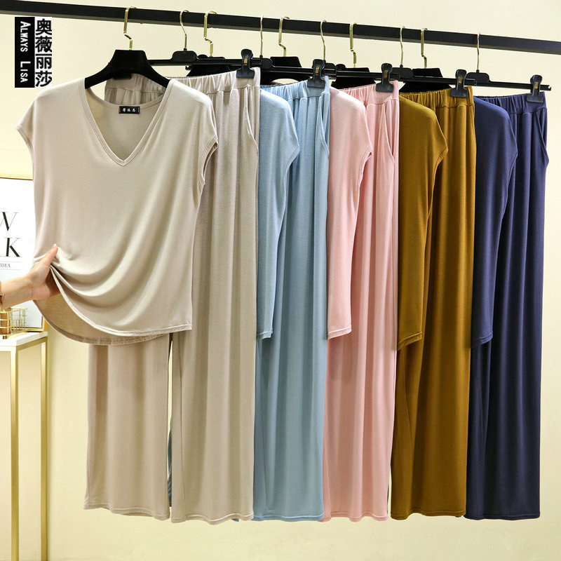 Modal V-Neck Sleeveless Long Pants Loungewear Set for Women, Spring and Summer Loose Pajamas That Can Be Worn Outside, Casual Two-Piece Set Modal V-Neck Sleeveless Long Pants Loungewear Set for Women, Spring and Summer Loose Pajamas That Can Be Worn Outside, Casual Two-Piece Set