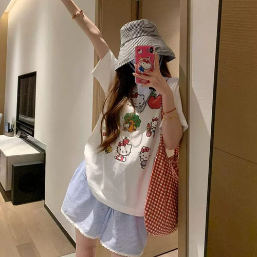 Women's Summer High-Waisted Drawstring Breathable Quick-Dry Sweet and Spicy Wide-Leg Beach Shorts with American Blue Stripes