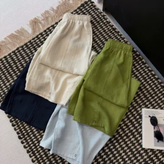 韩版亚麻阔腿松紧腰八分裤女夏季韩版松弛感清凉防蚊休闲裤小个子
