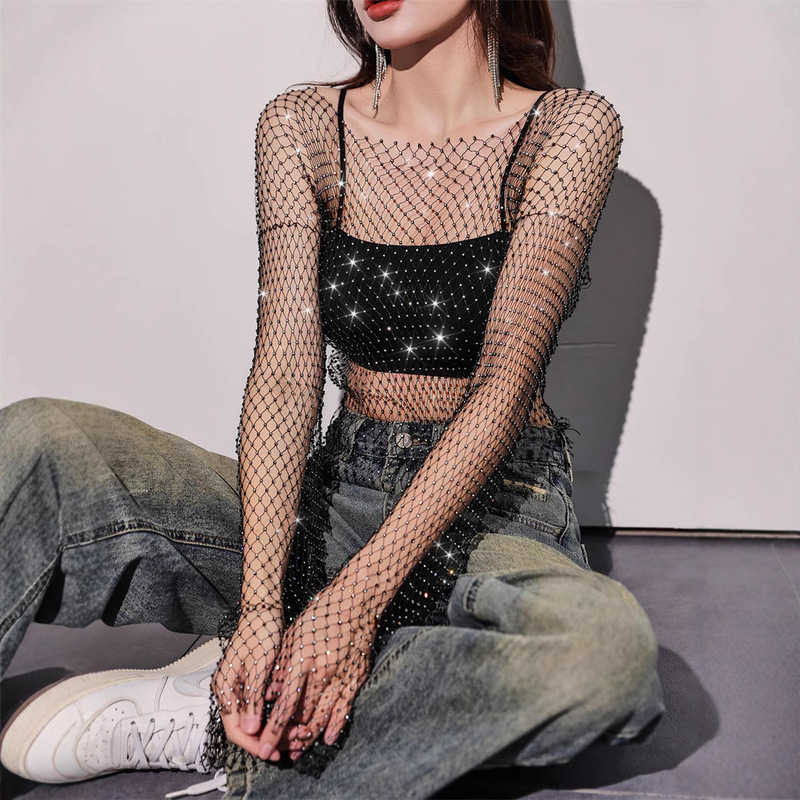 2026 Cross-Border Hot-Selling Amazon Fishnet Shirt with Rhinestones, Sexy Hollow-Out Beach Ins Women's T-Shirt Top