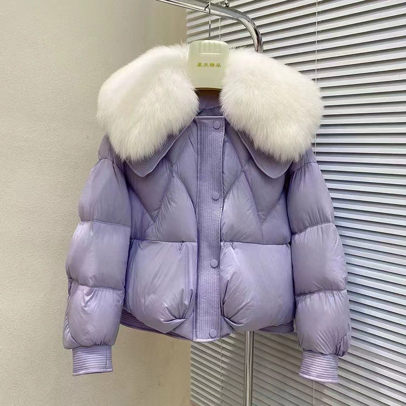 2024 зимний маленький новый короткий меховый воротник модная лиса толстый пуховик свободная теплая куртка