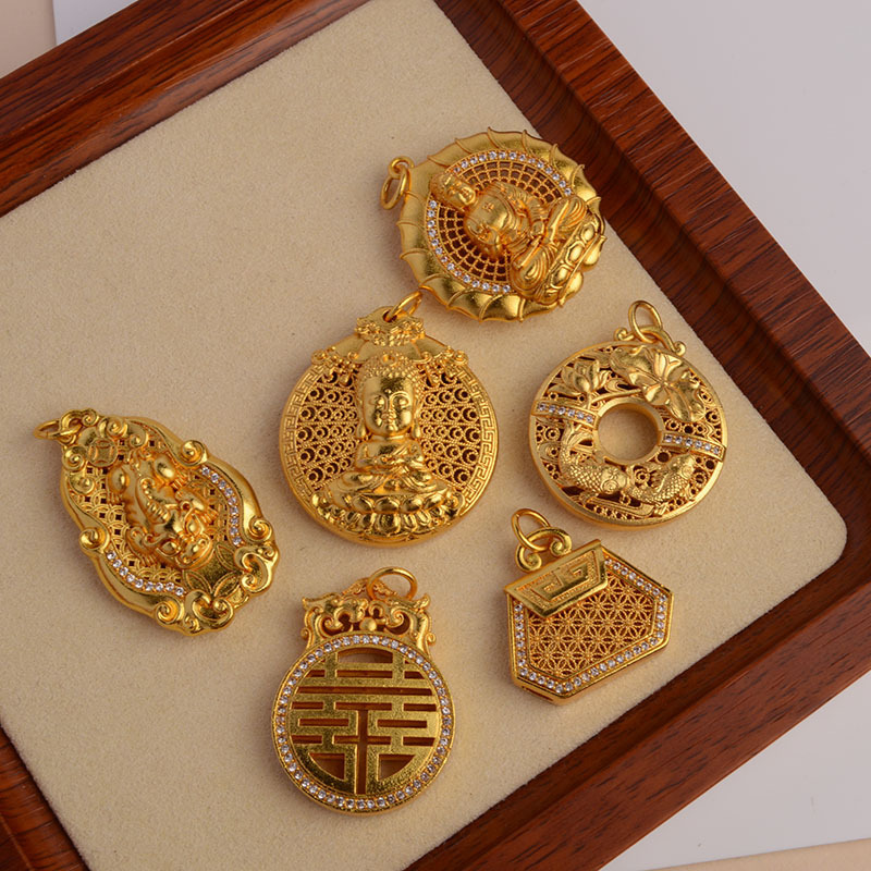 National fashion Vietnam gold vintage silk hollow five Fu Xi character perfect pendant Buddha safety buckle pendant accessories