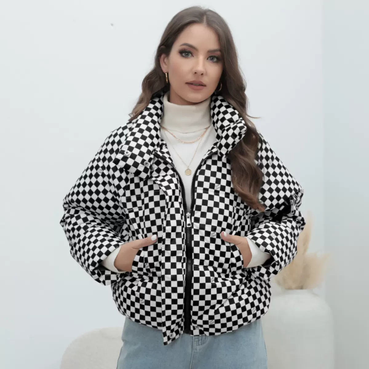 亚马逊欧美大衣格子大码女装外套面包服保暖羽绒棉服棉袄女式棉衣
