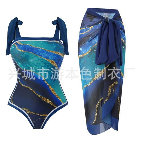 Women's European and American one-piece swimsuit with multi-color prints, chiffon dress, high-end feel, long dress, fashionable and simple