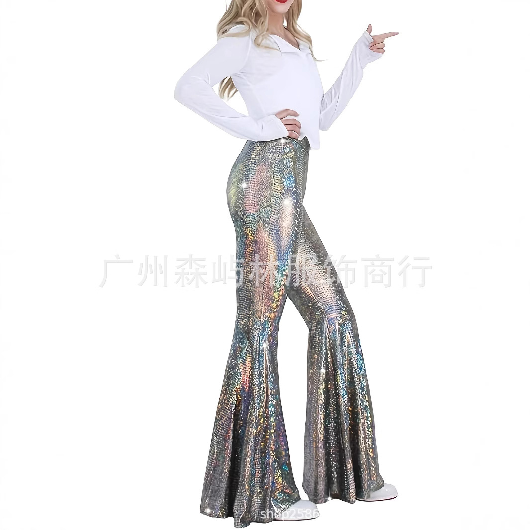 欧美新品万圣节70年代嬉皮士烫金蛇纹喇叭长裤老年迪斯科演出服装