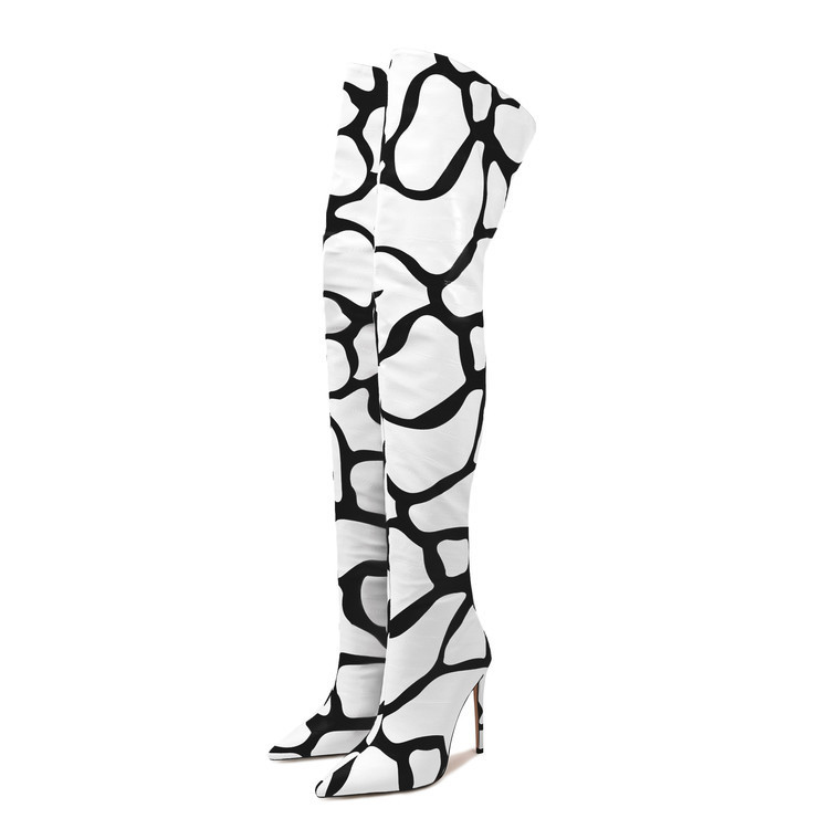 New Autumn and Winter Black and White Striped Over-The-Knee Boots~Pointed Toe, Back Zipper, Super High Heel, Sexy Fashion Boots, Extra Large Size New Autumn and Winter Black and White Striped Over-The-Knee Boots~Pointed Toe, Back Zipper, Super High Heel, Sexy Fashion Boots, Extra Large Size