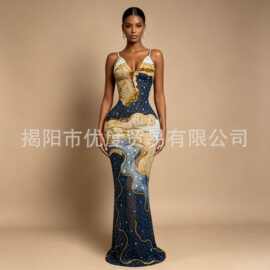 闪耀水钻性感V领吊带长裙气质晚会舞会礼服时装秀舞台装蓝田生玉