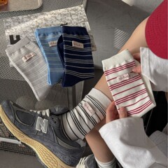 Fine Stripe Fabric Label American Retro Style Socks Knee-High Socks Couple Stacked Socks College Style Versatile Sports Style Women's Socks