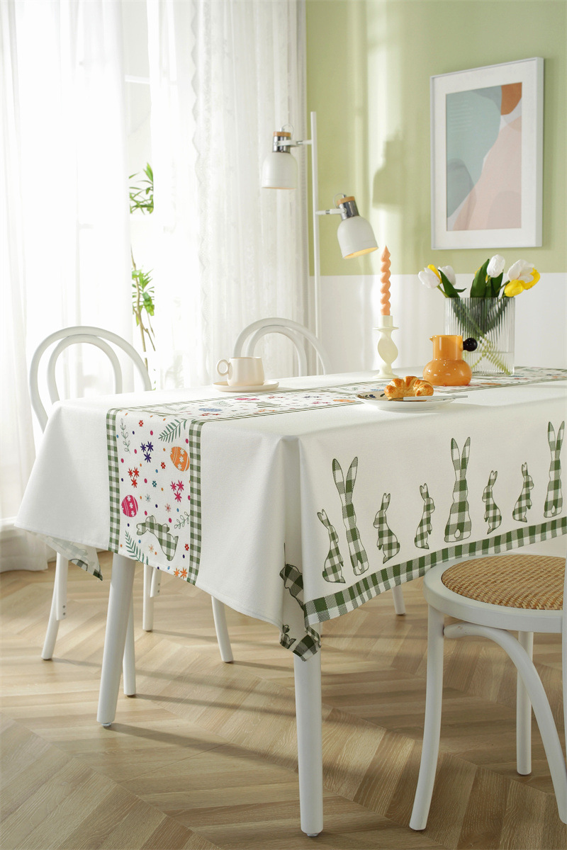 Tovaglia da caffè impermeabile in poliestere con stampa a quadri pasquali, coniglietti e fiori primaverili. Copertura per tavolo da pranzo_voghion.com